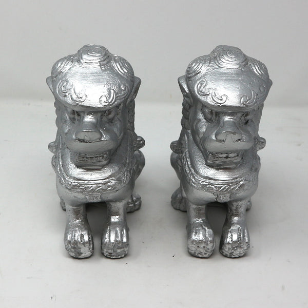 Pair Silver Metal Foo Dog Bookends