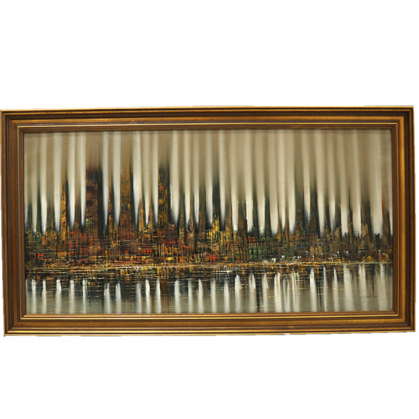 Mid Century Abstract Cityscape Signed Oil on Canvas