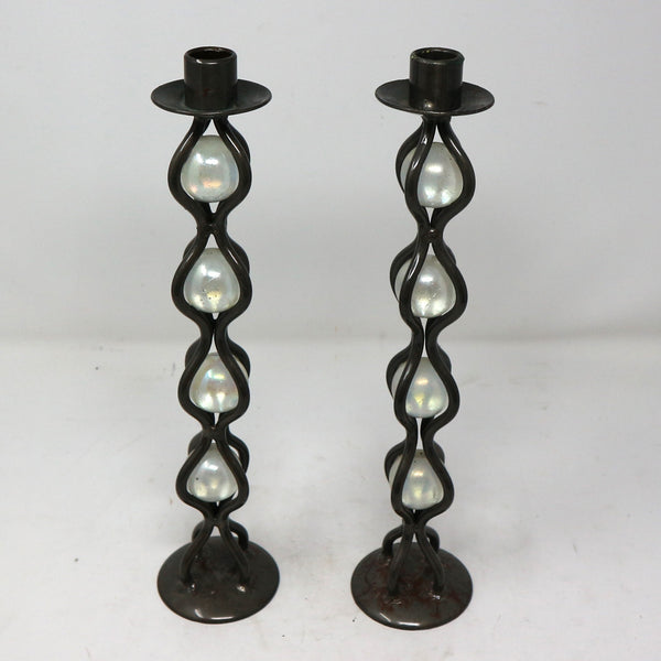 Pair of Vintage Metal & Glass Candle Holders