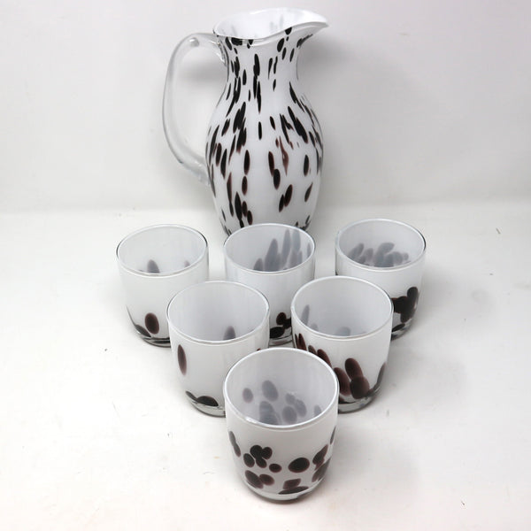 Brown Spotted White Glass Pitcher & 6 Glasses