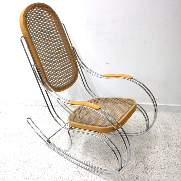 Modernist Chrome & Caned Rocking Chair