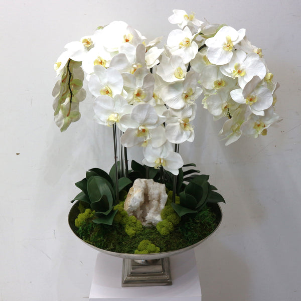 White Orchids w/ Geode in Large Silver Urn