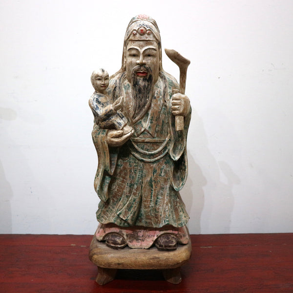 Antiqued Wooden Asian Man Statue on Stand (3-Available)