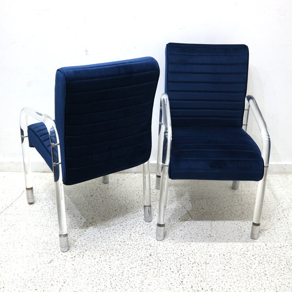 Set of 6 Vintage Blue Velvet & Lucite Dining Chairs