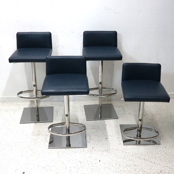 Set of 4 Navy Blue Leather Adjustable Bar Stools