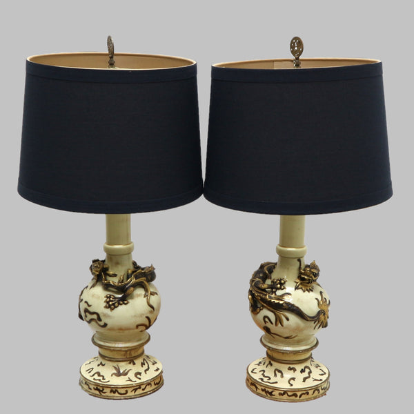 Pair of Vintage Ceramic Dragon Lamps