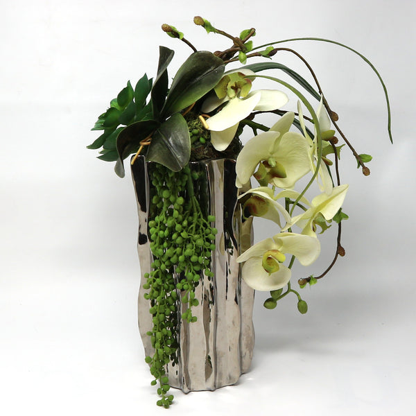 Succulent & Orchids in Wavy Pewter Vase