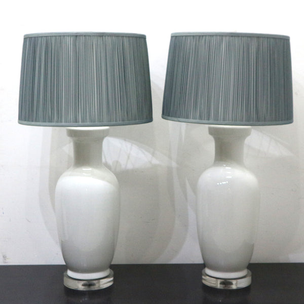 Pair of White Ceramic Lamps on Acrylic Base w/ Blue Gray Shades