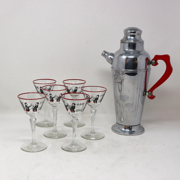 Vintage Art Deco Stainless Steel 1930's Martini Shaker & 6 Glasses