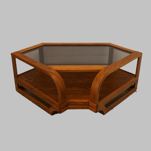 Vintage Trapezoid Oak & Glass Coffee Table