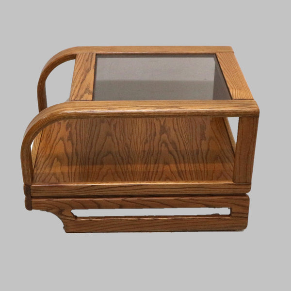 Vintage Sloped Oak & Glass Side Table
