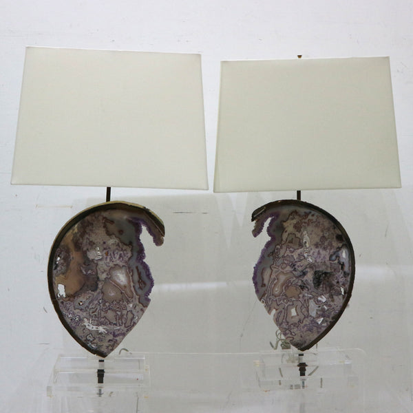 Pair of Amethyst & Quartz Slice Lamps on Double Stacked Acrylic