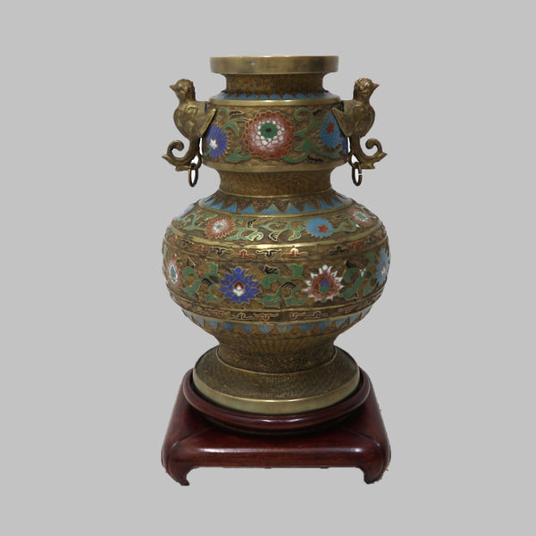 Oriental Champleve Cloisonne Urn w/Stand