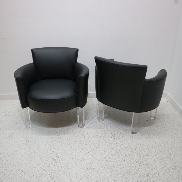 Black Leather Drum Chairs W/Acrylic Legs