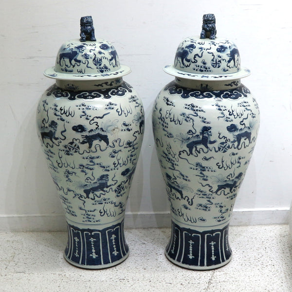 Pair of Porcelain Blue & White Foo Dog Ginger Jars