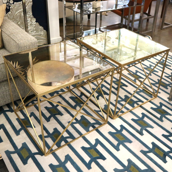 Pair of Antiqued Mirrored Gold Side Tables