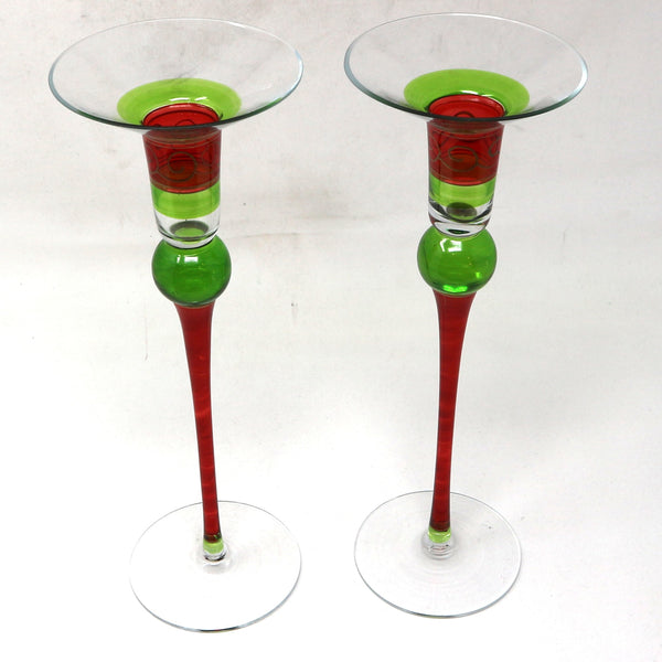 Pair Red & Green Glass Candle Holders