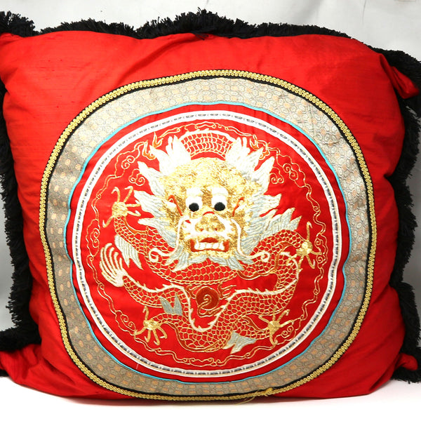 Pair Silk Embroidered Chinese Pillows w/Dragon & Phoenix