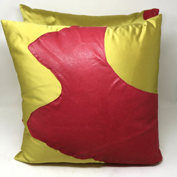 Pair Down Pillows Chartreuse & Scarlet Leather by Donna Fadal