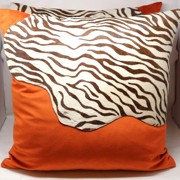 Pair Designer Down Pillows Orange Velvet & Zebra  Print Hide by Donna Fadal