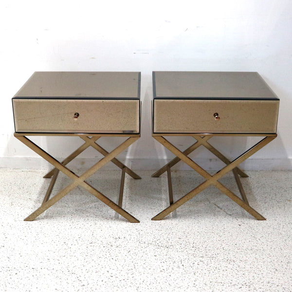 Pair of Bronze Mirrored “X” Base Side Tables