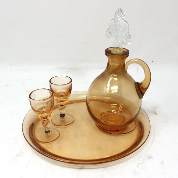 Vintage Amber Glass Decanter Set With Two Cordial Glasses