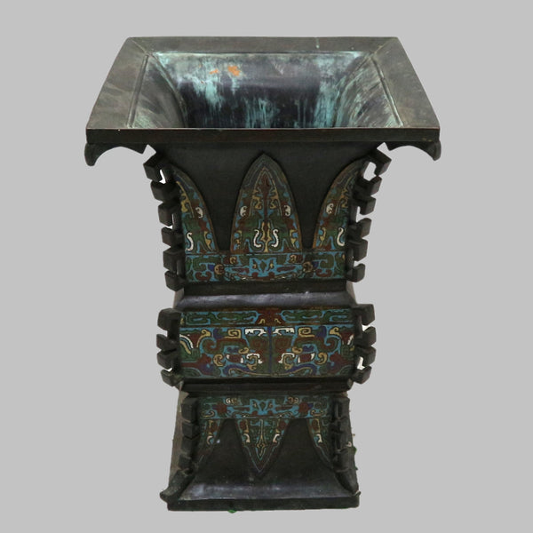 Archaistic Chinese Bronze & Cloisonne Offering Vessel
