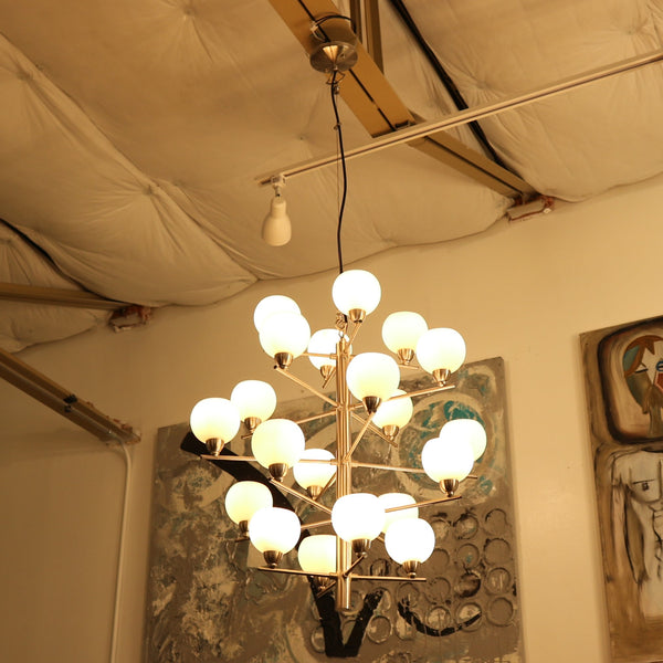 20 Light Nickel and White Glass Chandelier