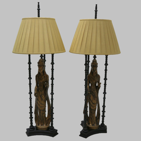 Pair Tall Black Iron & Gilded Plaster Quan Yin Table Lamps