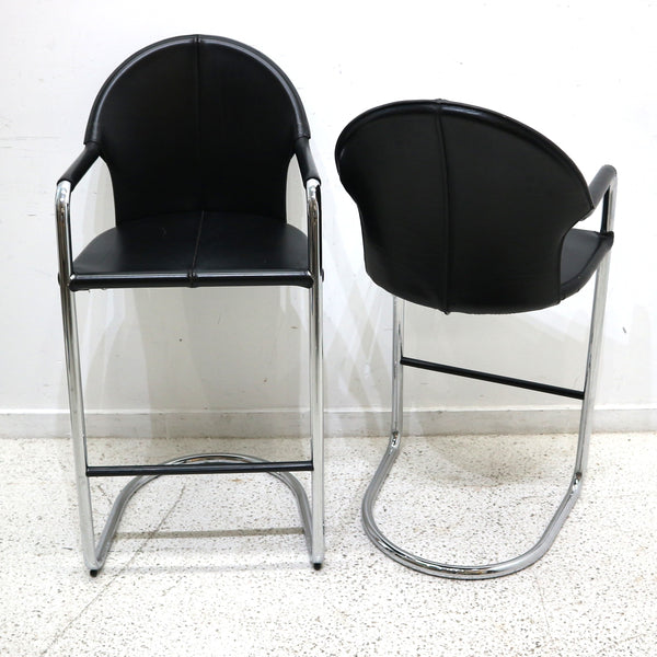 Pair of Black Leather & Chrome Barstools