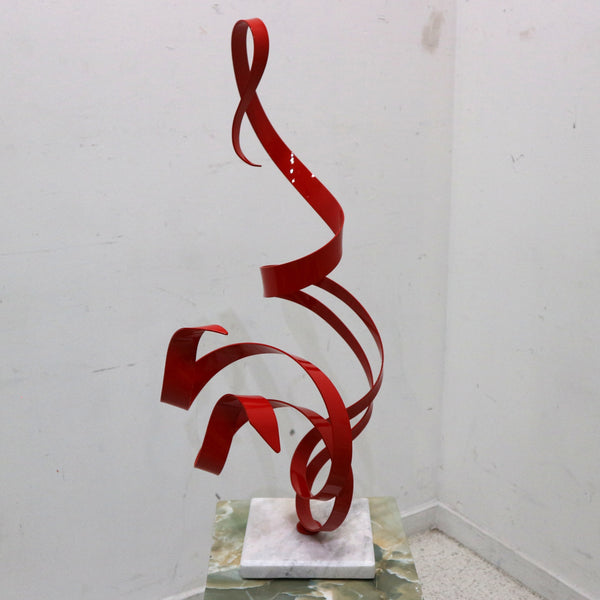 Abstract Steel Red Wave Sculpture on White Marble Base