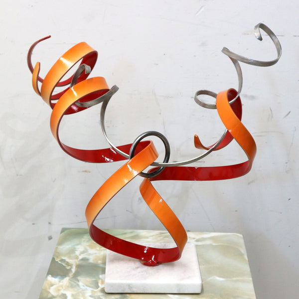 Abstract Steel Red & Orange w/Ring Sculpture on White Marble Base