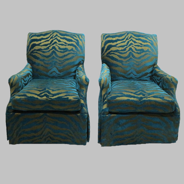 Pair of Custom Taylor King Cut Velvet Swivel Chairs