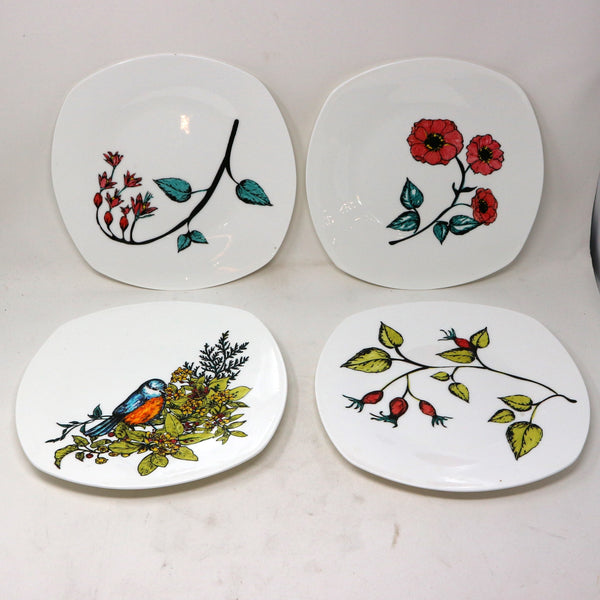 Set of 4 Hand Painted Floral Bird Plates