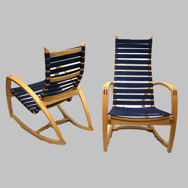 Pair of Peter Danko Blue Stap Rocking Chairs