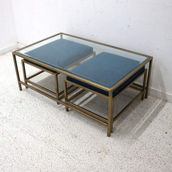 Rectangular Metal & Glass Coffee Table w/ Two Upholstered Ottomans