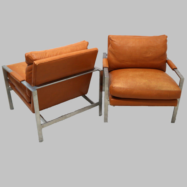 Pair of Milo Baughman for Thayer Coggin Cognac Leather & Chrome Leather Chairs “AS IS”