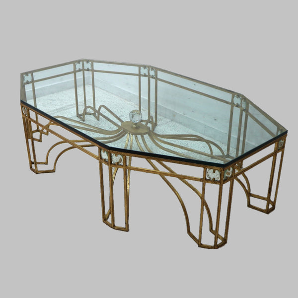 Hollywood Regency Gold Gilt Coffee Table w/Glass Finial