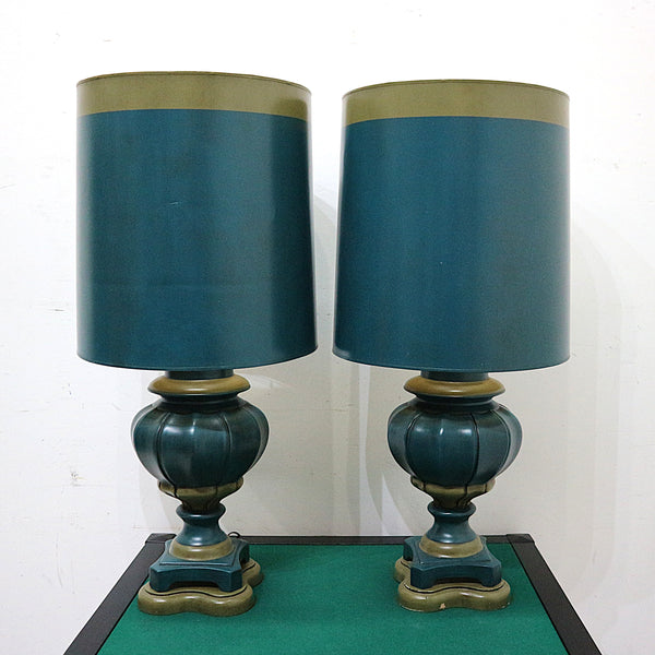 Pair of 1960s Teal Ceramic Lamps w/ Teal Shades