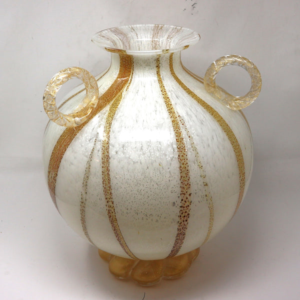 Murano 3 Ring White & Gold Striped Vase