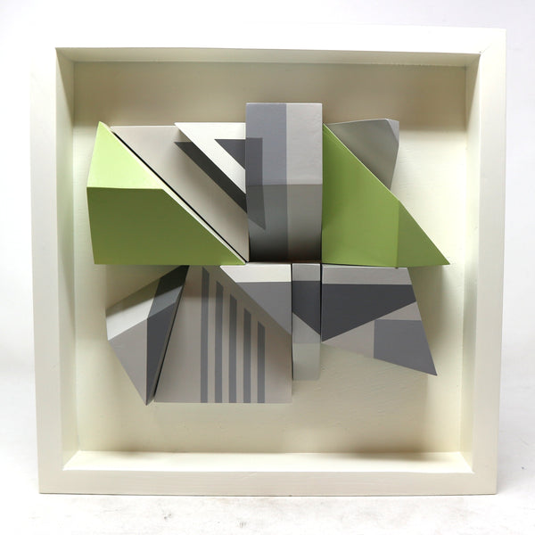 “Progressive Construction No. 392” by Marco Avalos Enamel on Cardboard & Wood