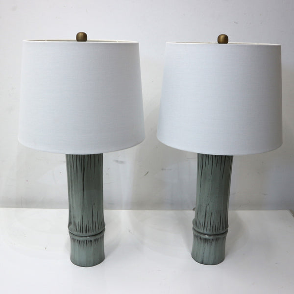 Pair of Light Blue Wood Bamboo Lamps