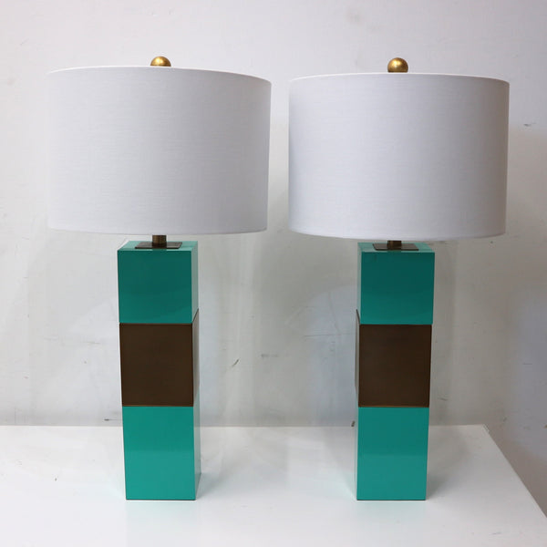 Pair of Teal & Brass Block Lamps