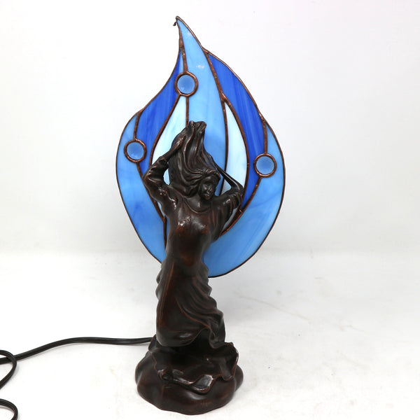 Bronze Lady w/Blue Stained Glass Light