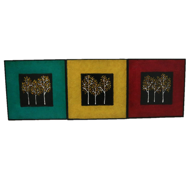 Set of 3 “Red, Gold, & Green Trees” Mixed Media on Wood