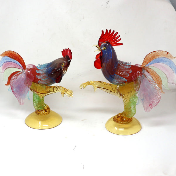 Set of 2 Murano Multi Color Roosters by Arte di Murano