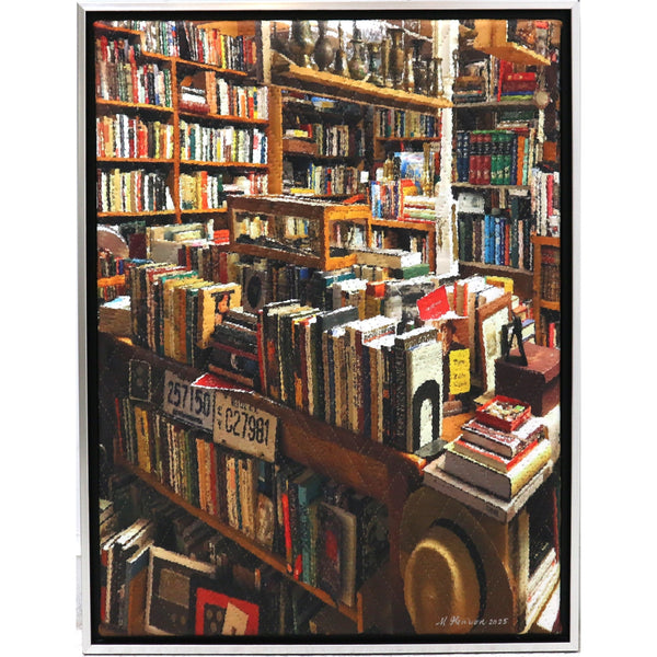 “Private Library ” by Marilyn Henrion Framed Mixed Media Hand Quilted