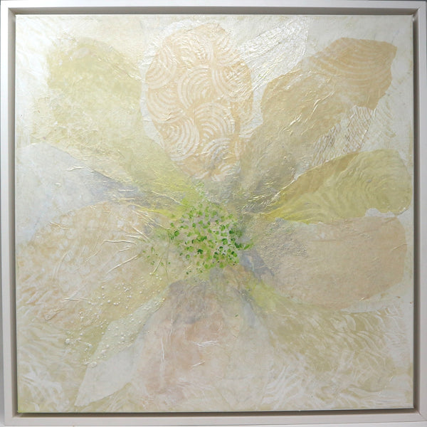 “White Flower” by Mary Hewett Framed Mixed Media on Canvas