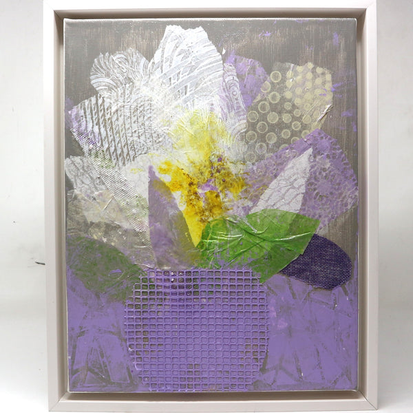 “Flowers in Purple Vase” by Mary Hewett Framed Mixed Media on Canvas