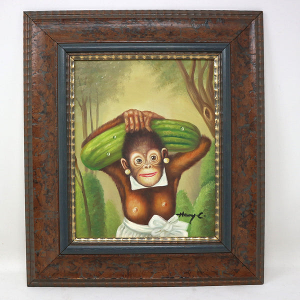 “Cucumber Monkey” Framed Oil on Canvas